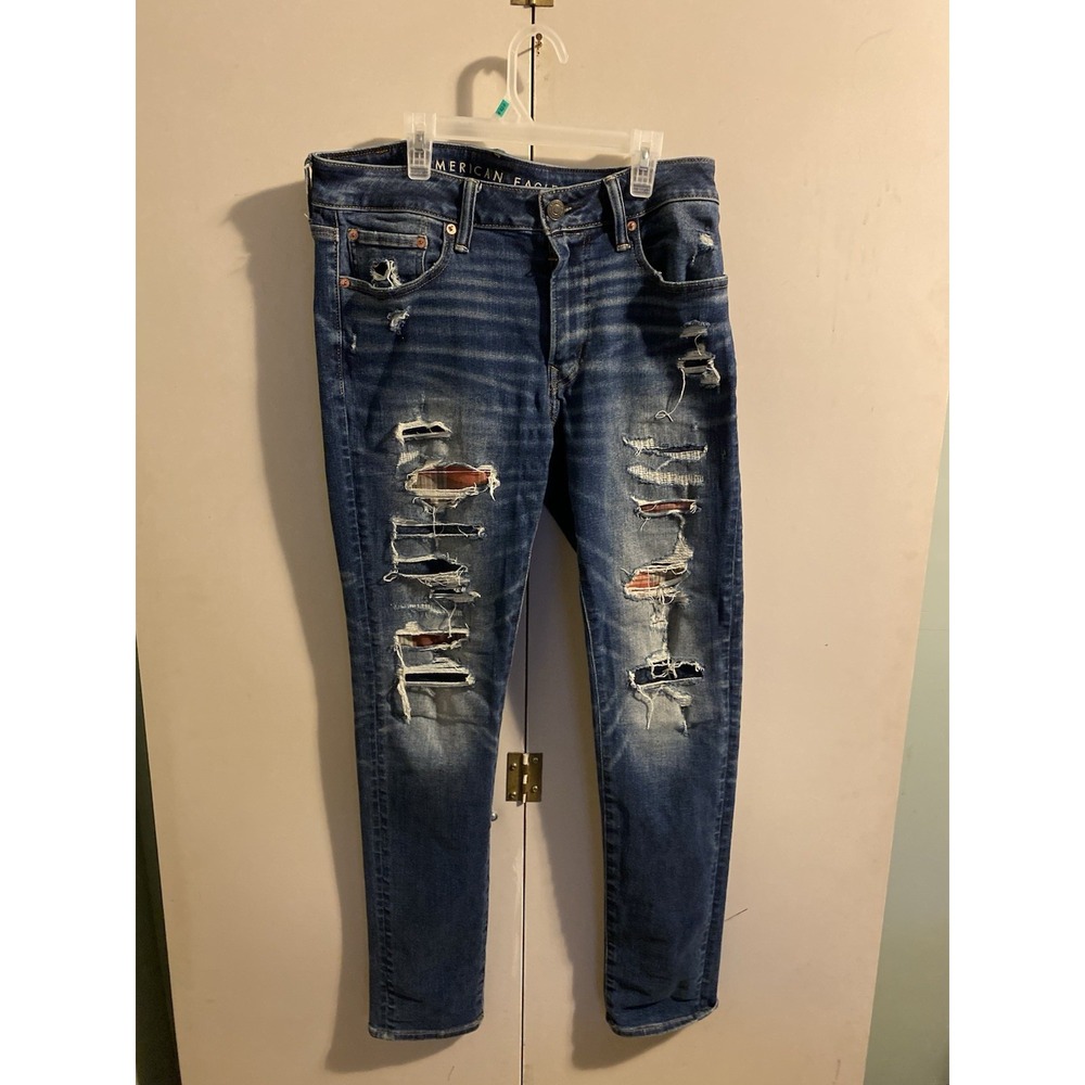 American Eagle AirFlex 360 Patched Skinny Jeans Men 32x32 Blue Distressed Plaid